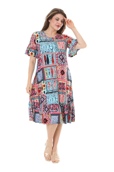 Melsay Butik Kısa Kollu Fırfırlı Cepli Mavi Çini Desenli Midi Elbise