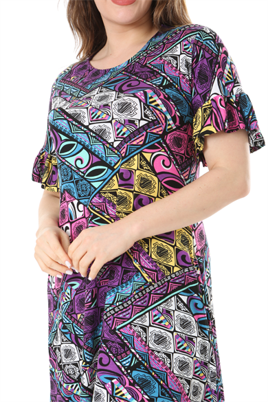 Melsay Butik Kısa Kollu Fırfırlı Cepli Mor Patchwork Desenli Midi Elbise