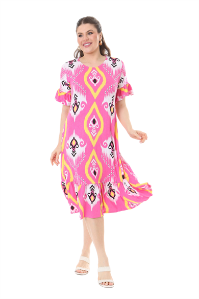Melsay Butik Kısa Kollu Fırfırlı Cepli Pembe Motif Desenli Midi Elbise