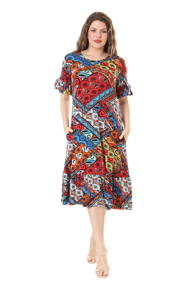 Melsay Butik Kısa Kollu Fırfırlı Cepli Mavi Patchwork Desenli Midi Elbise