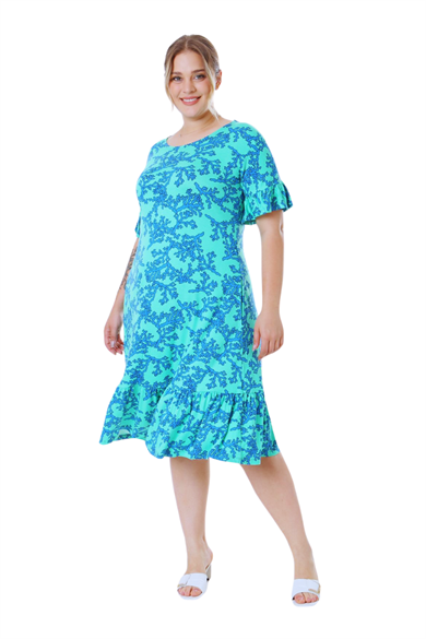 Melsay Butik Kısa Kollu Fırfırlı Cepli Turkuaz Mercan Desenli Midi Elbise