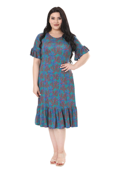 Melsay Butik Kısa Kollu Fırfırlı Cepli Mavi Küçük Mercan Desenli Midi Elbise
