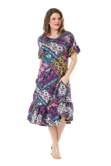 Melsay Butik Kısa Kollu Fırfırlı Cepli Mor Patchwork Desenli Midi Elbise