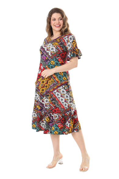 Melsay Butik Kısa Kollu Fırfırlı Cepli Sarı Patchwork Desenli Midi Elbise