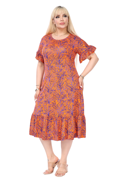 Melsay Butik Kısa Kollu Fırfırlı Cepli Turuncu Küçük Mercan Desenli Midi Elbise