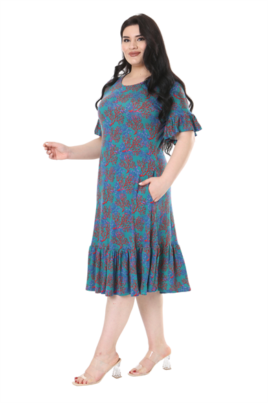 Melsay Butik Kısa Kollu Fırfırlı Cepli Mavi Küçük Mercan Desenli Midi Elbise