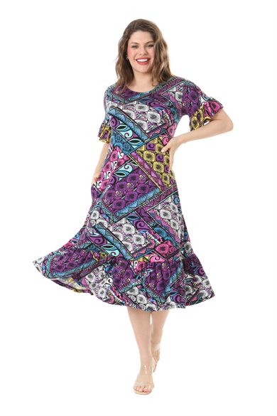 Melsay Butik Kısa Kollu Fırfırlı Cepli Mor Patchwork Desenli Midi Elbise