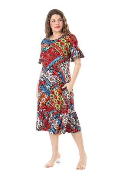 Melsay Butik Kısa Kollu Fırfırlı Cepli Mavi Patchwork Desenli Midi Elbise