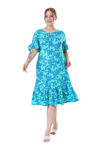 Melsay Butik Kısa Kollu Fırfırlı Cepli Turkuaz Mercan Desenli Midi Elbise