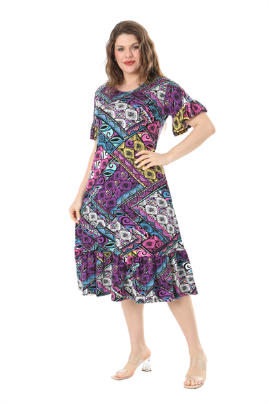Melsay Butik Kısa Kollu Fırfırlı Cepli Mor Patchwork Desenli Midi Elbise