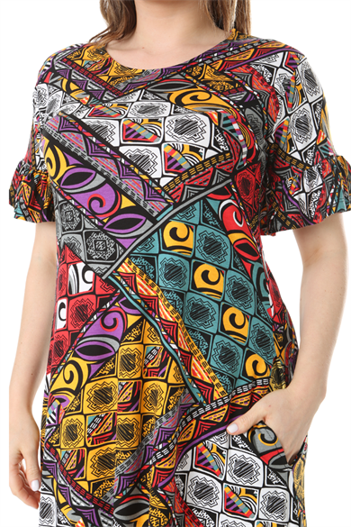 Melsay Butik Kısa Kollu Fırfırlı Cepli Sarı Patchwork Desenli Midi Elbise
