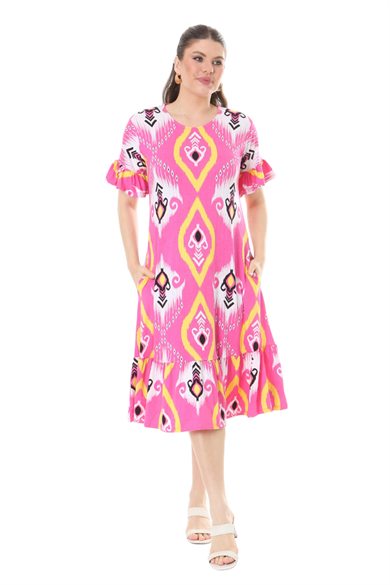 Melsay Butik Kısa Kollu Fırfırlı Cepli Pembe Motif Desenli Midi Elbise
