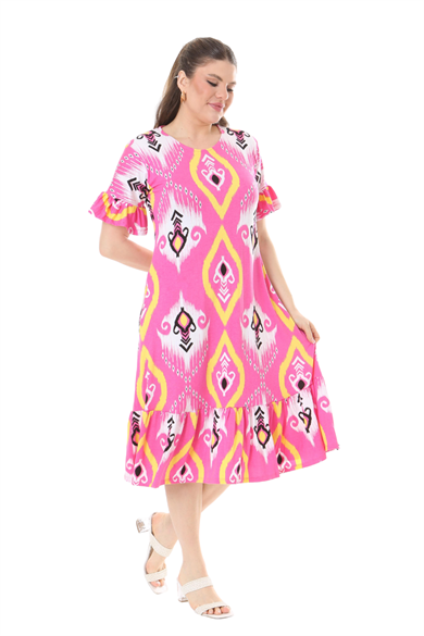 Melsay Butik Kısa Kollu Fırfırlı Cepli Pembe Motif Desenli Midi Elbise