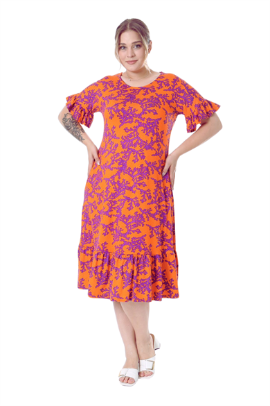 Melsay Butik Kısa Kollu Fırfırlı Cepli Turuncu Mor Mercan Desenli Midi Elbise