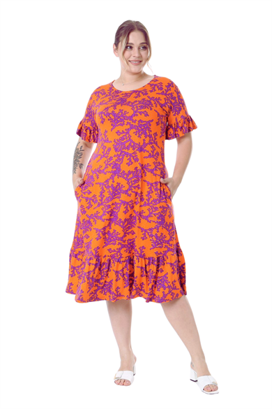 Melsay Butik Kısa Kollu Fırfırlı Cepli Turuncu Mor Mercan Desenli Midi Elbise
