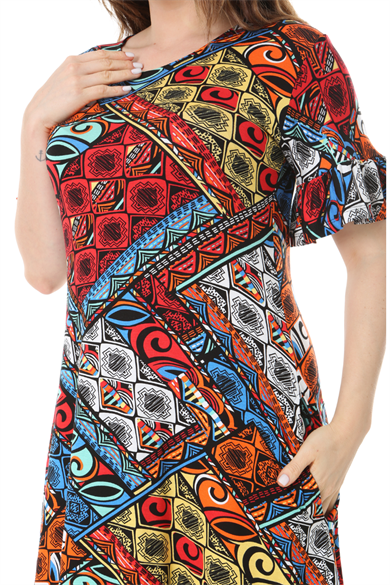 Melsay Butik Kısa Kollu Fırfırlı Cepli Mavi Patchwork Desenli Midi Elbise