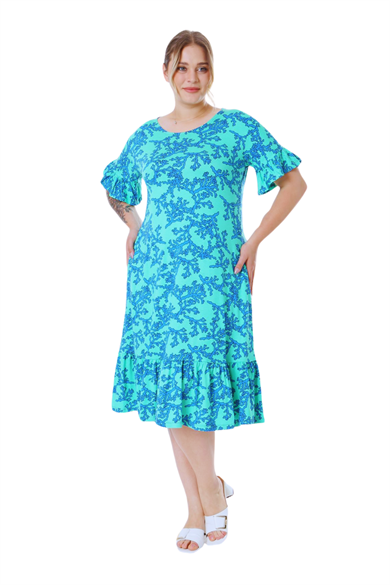 Melsay Butik Kısa Kollu Fırfırlı Cepli Turkuaz Mercan Desenli Midi Elbise