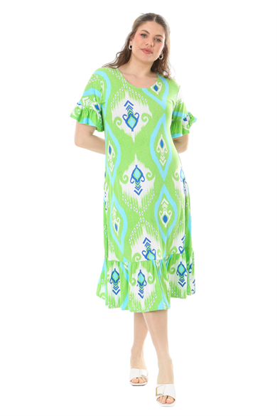 Melsay Butik Kısa Kollu Fırfırlı Cepli Yeşil Motif Desenli Midi Elbise