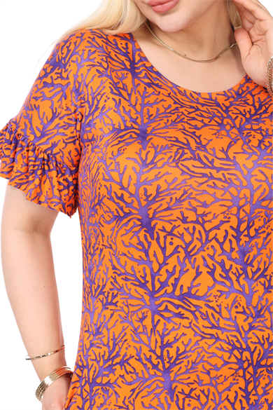 Melsay Butik Kısa Kollu Fırfırlı Cepli Turuncu Küçük Mercan Desenli Midi Elbise
