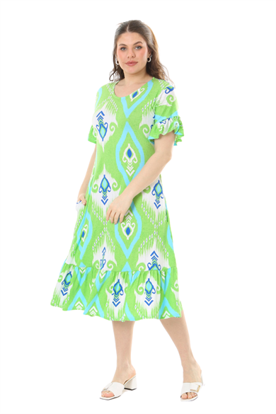 Melsay Butik Kısa Kollu Fırfırlı Cepli Yeşil Motif Desenli Midi Elbise
