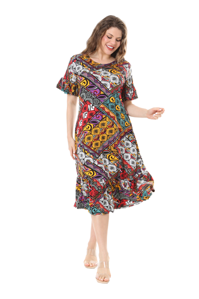 Melsay Butik Kısa Kollu Fırfırlı Cepli Sarı Patchwork Desenli Midi Elbise