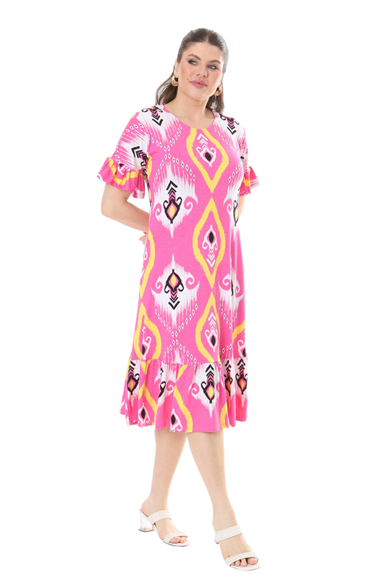 Melsay Butik Kısa Kollu Fırfırlı Cepli Pembe Motif Desenli Midi Elbise
