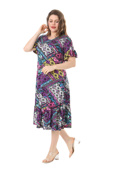 Melsay Butik Kısa Kollu Fırfırlı Cepli Mor Patchwork Desenli Midi Elbise