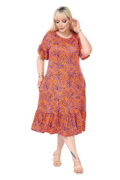 Melsay Butik Kısa Kollu Fırfırlı Cepli Turuncu Küçük Mercan Desenli Midi Elbise