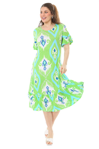 Melsay Butik Kısa Kollu Fırfırlı Cepli Yeşil Motif Desenli Midi Elbise