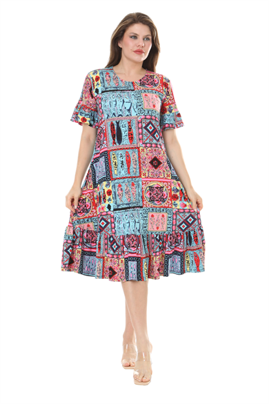 Melsay Butik Kısa Kollu Fırfırlı Cepli Mavi Çini Desenli Midi Elbise