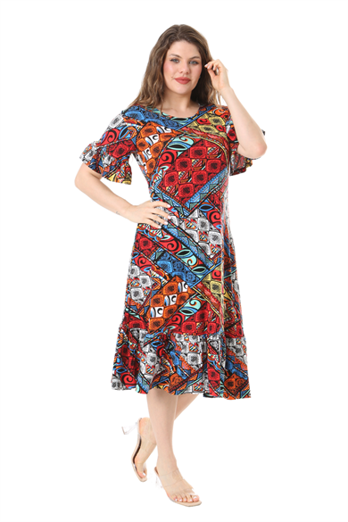 Melsay Butik Kısa Kollu Fırfırlı Cepli Mavi Patchwork Desenli Midi Elbise