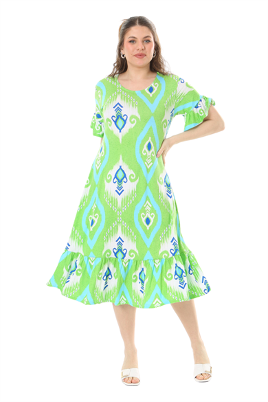 Melsay Butik Kısa Kollu Fırfırlı Cepli Yeşil Motif Desenli Midi Elbise