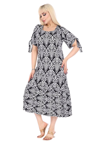 Melsay Butik Kolları Bağlamalı Kısa Kollu Beyaz Dantel Desen Midi Elbise
