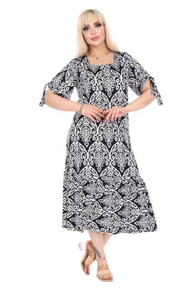 Melsay Butik Kolları Bağlamalı Kısa Kollu Beyaz Dantel Desen Midi Elbise
