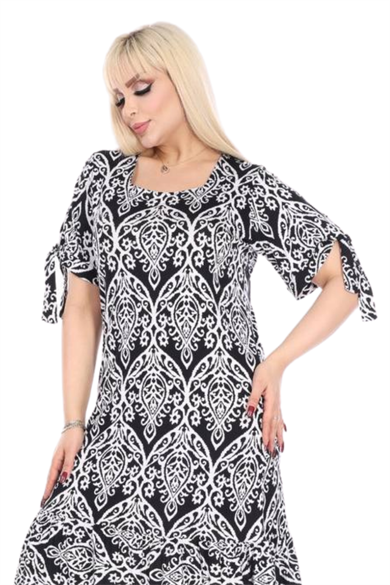 Melsay Butik Kolları Bağlamalı Kısa Kollu Beyaz Dantel Desen Midi Elbise