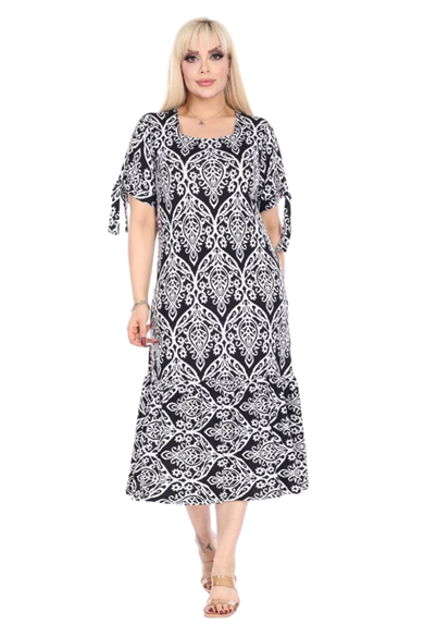 Melsay Butik Kolları Bağlamalı Kısa Kollu Beyaz Dantel Desen Midi Elbise