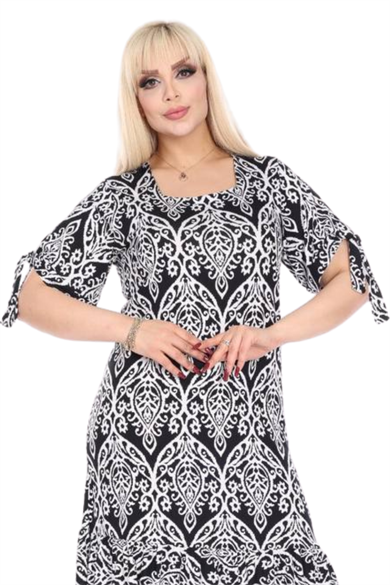 Melsay Butik Kolları Bağlamalı Kısa Kollu Beyaz Dantel Desen Midi Elbise