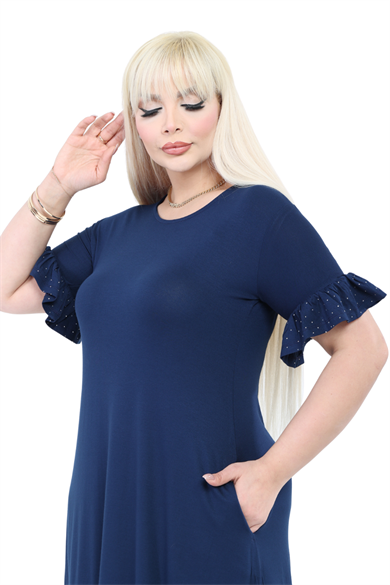 Melsay Butik Kolları Taş Baskılı Fırfırlı Kısa Kollu Lacivert Kadın Midi Elbise