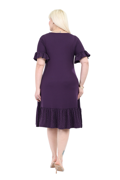 Melsay Butik Kolları Taş Baskılı Fırfırlı Kısa Kollu Mor Kadın Midi Elbise