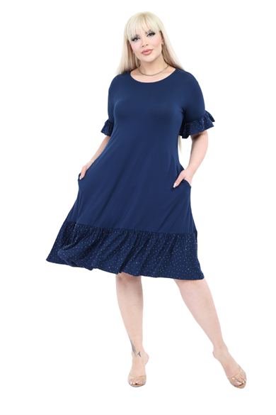 Melsay Butik Kolları Taş Baskılı Fırfırlı Kısa Kollu Lacivert Kadın Midi Elbise