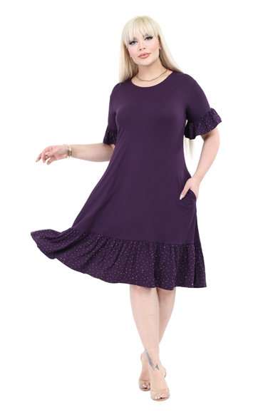 Melsay Butik Kolları Taş Baskılı Fırfırlı Kısa Kollu Mor Kadın Midi Elbise