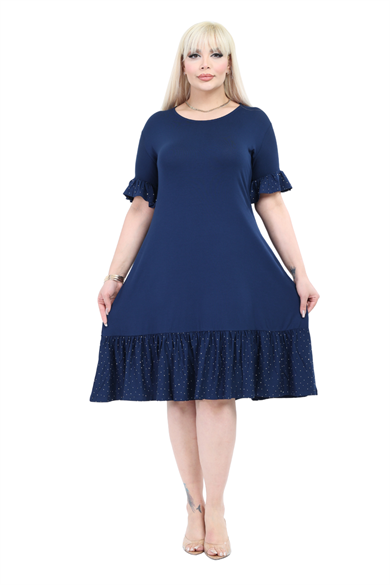 Melsay Butik Kolları Taş Baskılı Fırfırlı Kısa Kollu Lacivert Kadın Midi Elbise