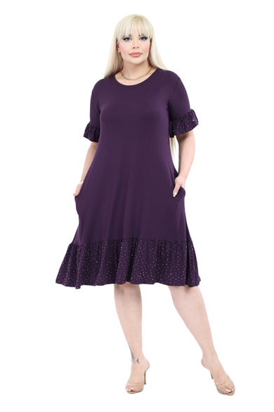 Melsay Butik Kolları Taş Baskılı Fırfırlı Kısa Kollu Mor Kadın Midi Elbise
