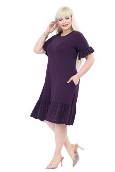 Melsay Butik Kolları Taş Baskılı Fırfırlı Kısa Kollu Mor Kadın Midi Elbise