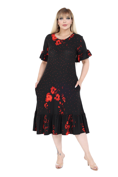 Melsay Butik Kolları ve Eteği Fırfırlı Kırmızı Puanlı Gelincik Desen Cepli Kadın Elbise