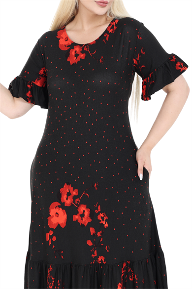 Melsay Butik Kolları ve Eteği Fırfırlı Kırmızı Puanlı Gelincik Desen Cepli Kadın Elbise