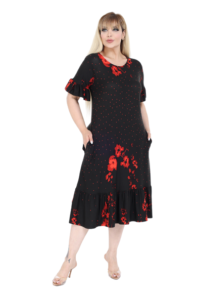 Melsay Butik Kolları ve Eteği Fırfırlı Kırmızı Puanlı Gelincik Desen Cepli Kadın Elbise
