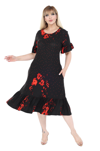 Melsay Butik Kolları ve Eteği Fırfırlı Kırmızı Puanlı Gelincik Desen Cepli Kadın Elbise