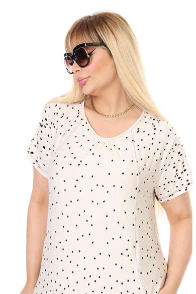 Melsay Butik Krem Puanlı Eteği Leopar Desen Kuplu Cepli Kısa Kol Kadın Midi Elbise