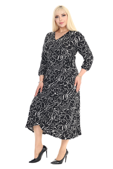 Melsay Butik Kruvaze Yaka Siyah Çiçek Desen Anvelop Etek Midi Elbise